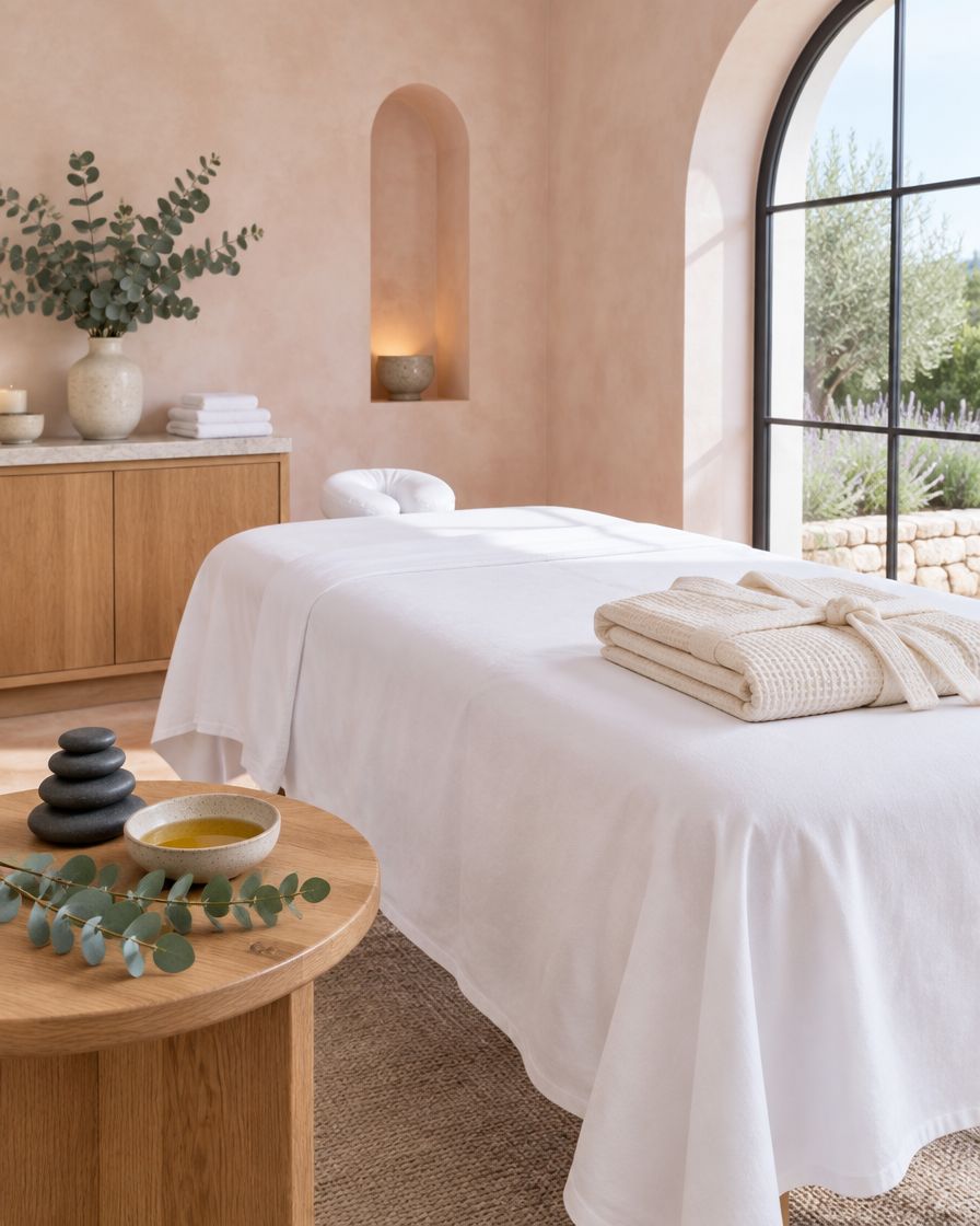 A quiet treatment room made up with white linen, warm stones and eucalyptus