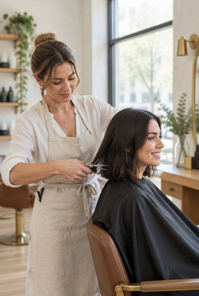 A stylist cutting a smiling client’s hair beside a bright window