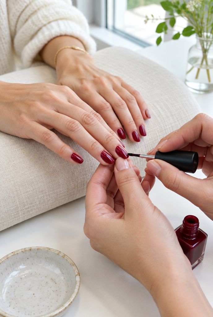A nail technician painting a client's nails a deep merlot red