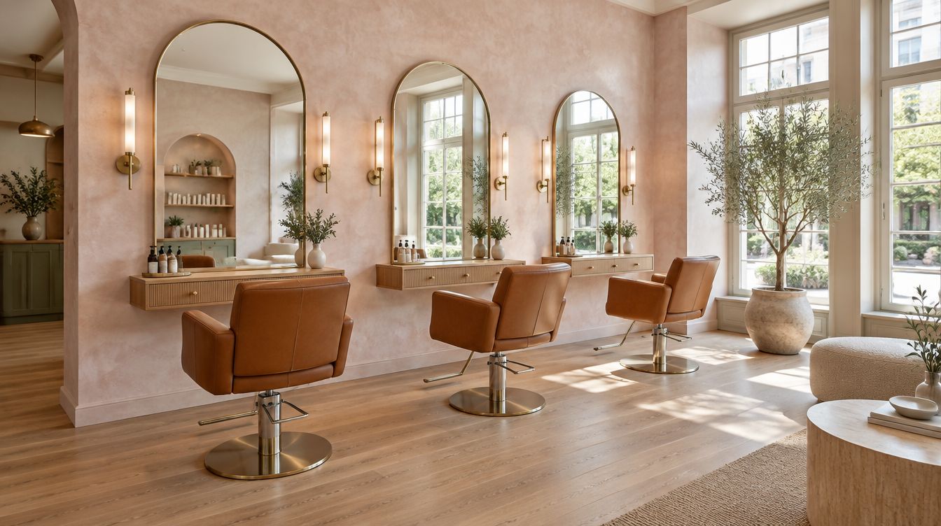 The salon floor: arched mirrors on rose plaster walls, cognac leather chairs and tall windows