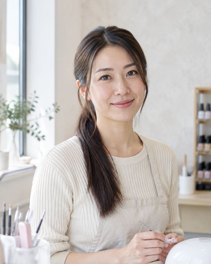 June, a nail artist with her hair tied back, smiling in the salon