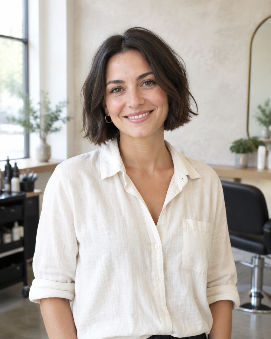 Mara, a stylist with a short dark bob, smiling in the salon