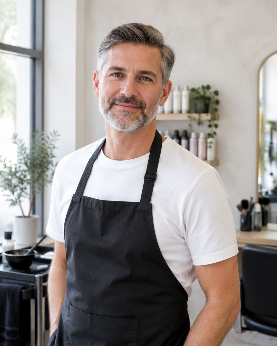 Theo, a colourist with a grey beard and black apron, in the salon