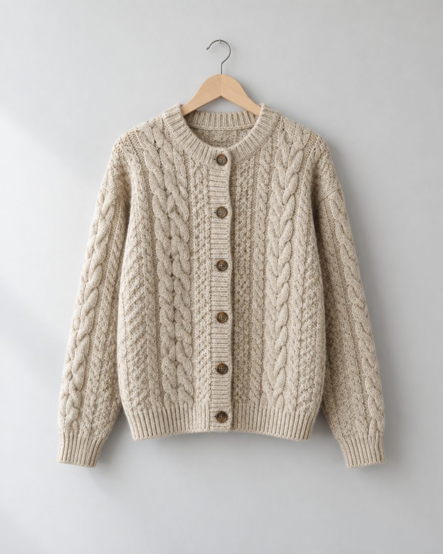 An oat cable-knit lambswool cardigan with horn buttons on a wooden hanger.