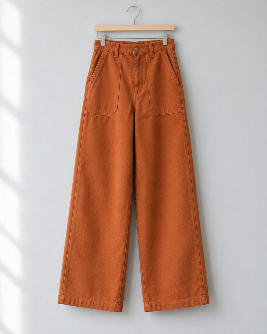 Rust orange wide-leg canvas trousers hanging from a wooden trouser hanger.