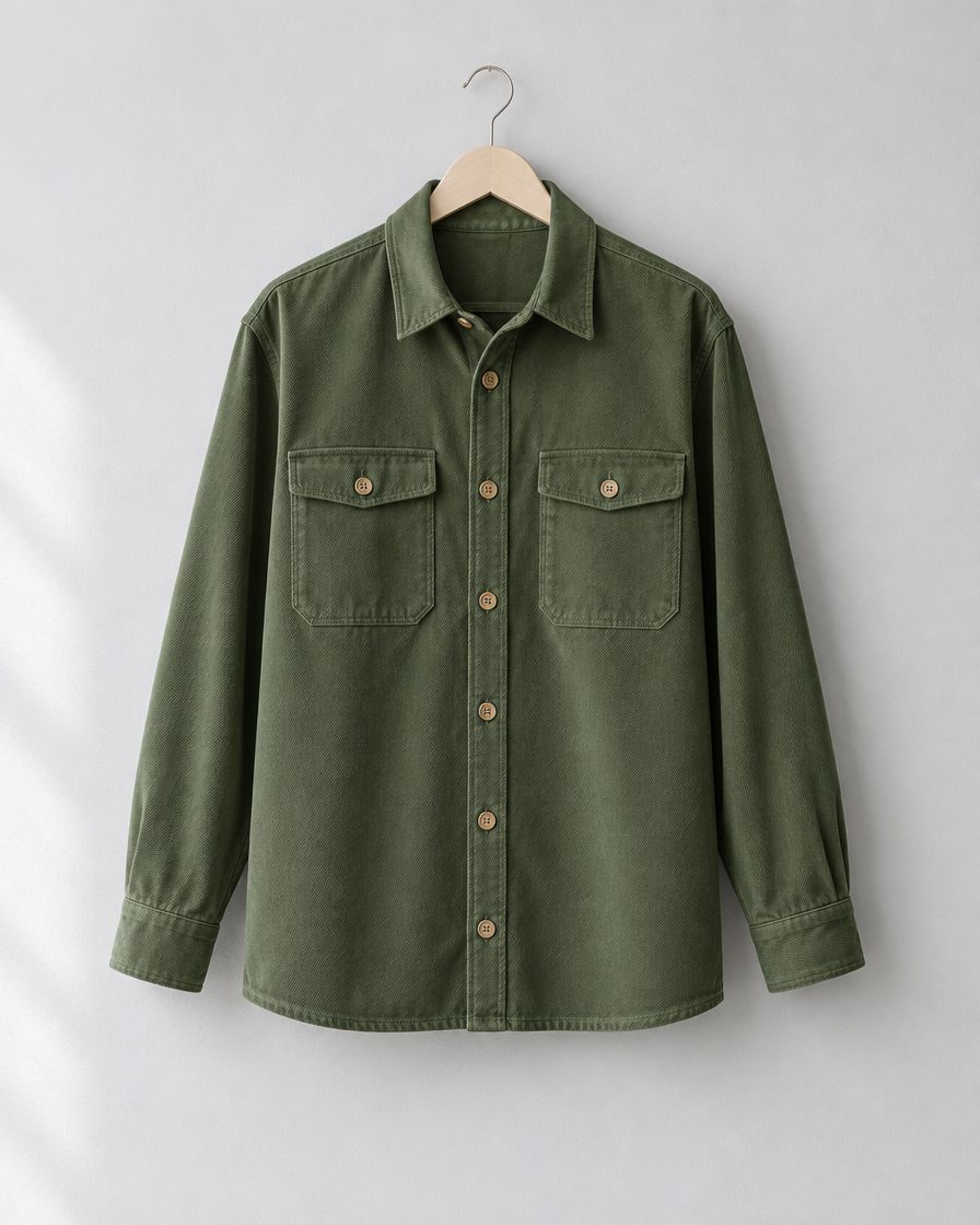 A moss green brushed cotton overshirt with two chest pockets on a wooden hanger.