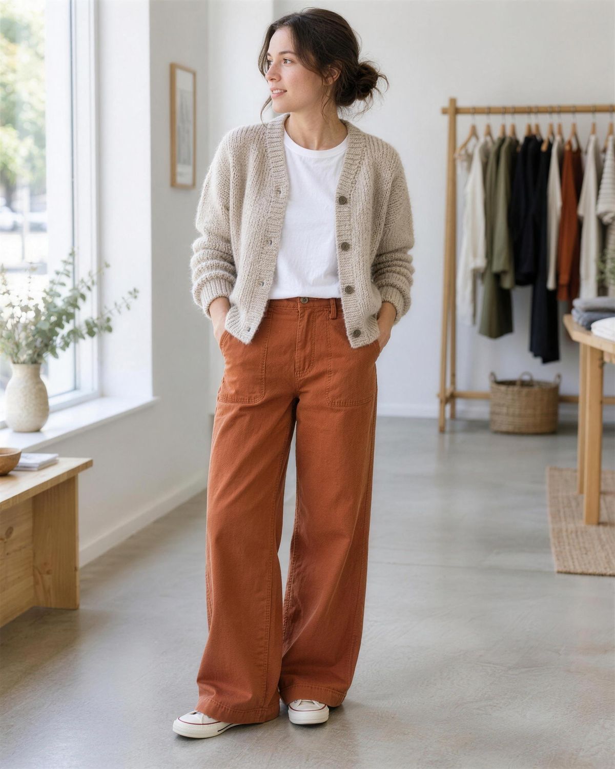 A woman in an oat cable cardigan and rust canvas trousers standing in the bright shop.