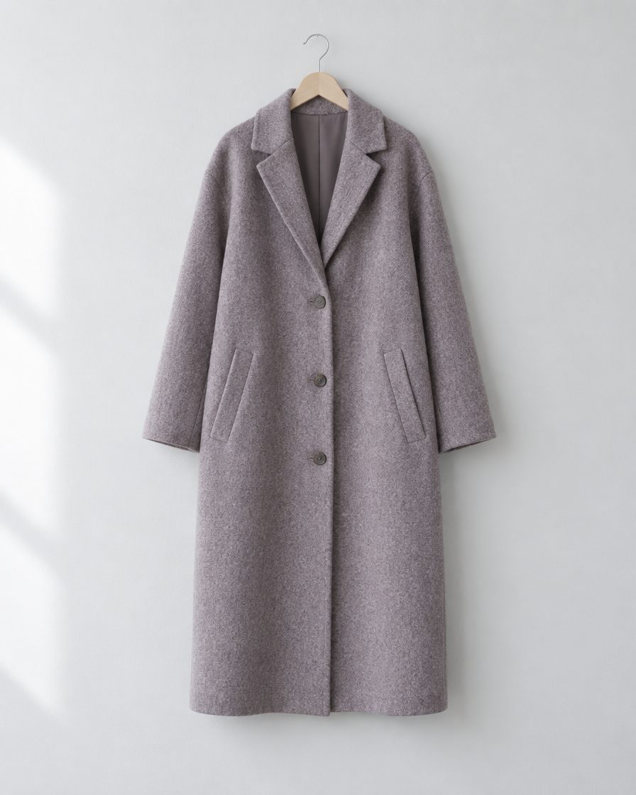 A long heather mauve boiled wool coat on a wooden hanger.