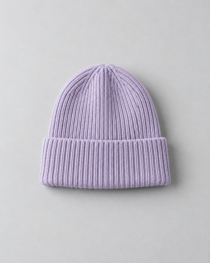 A lilac ribbed merino beanie with a folded cuff.