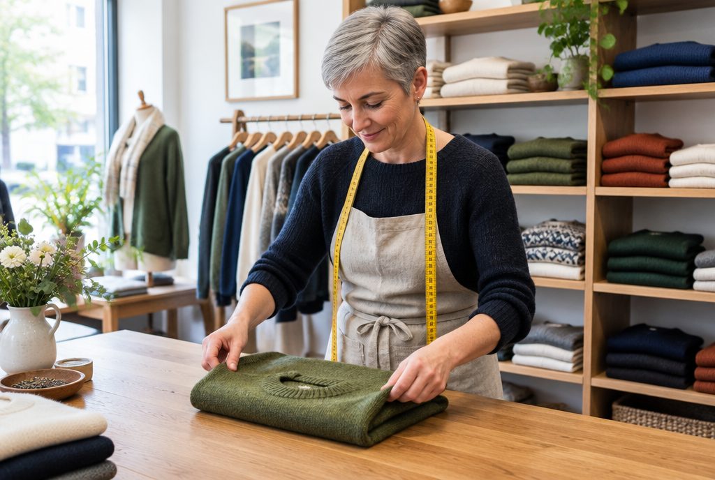 Ruth folding a moss green sweater on the oak counter, a tape measure round her neck.