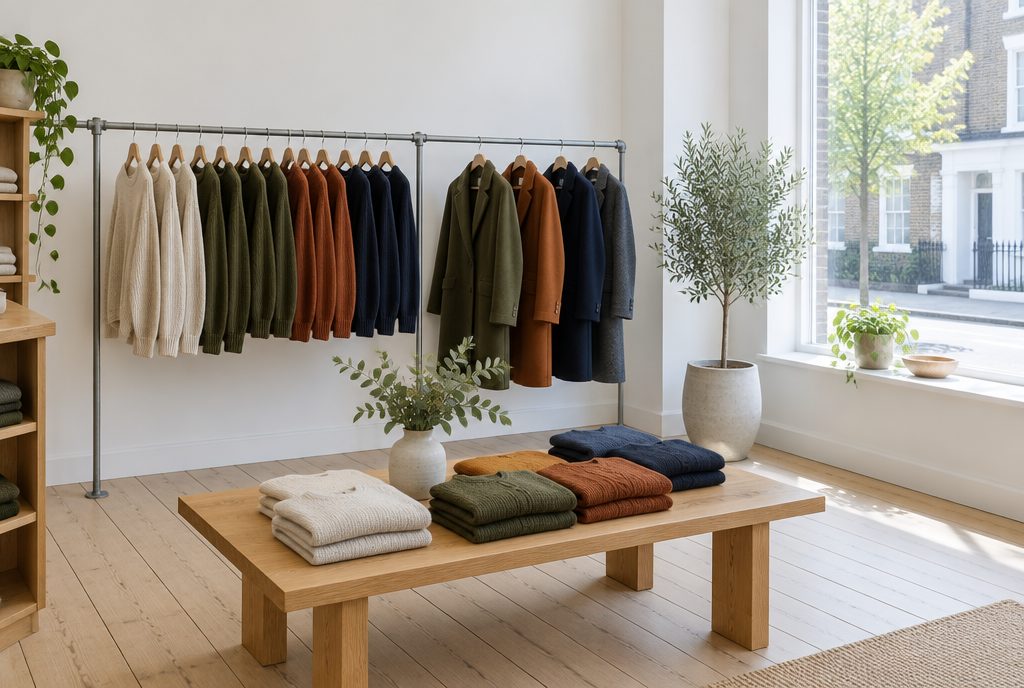 Inside the shop: a steel rail of knitwear and coats, a low oak table of folded sweaters and a big window onto the street.