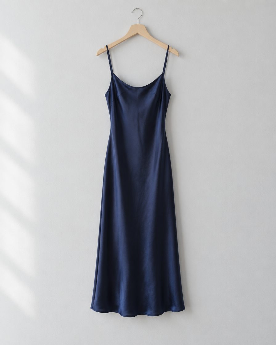 An ink navy washed silk slip dress with thin straps on a wooden hanger.