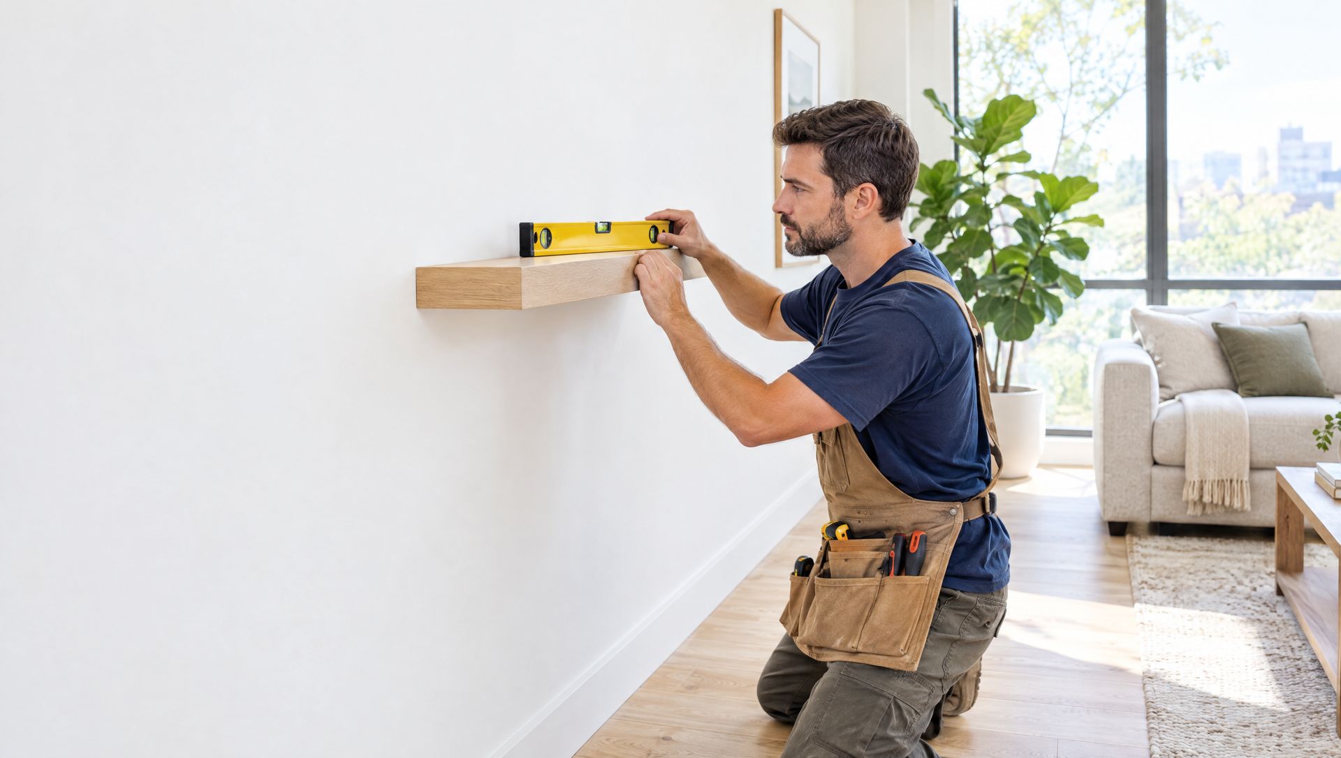 A handyman in a navy shirt levelling a new oak shelf on a white living room wall in bright daylight.