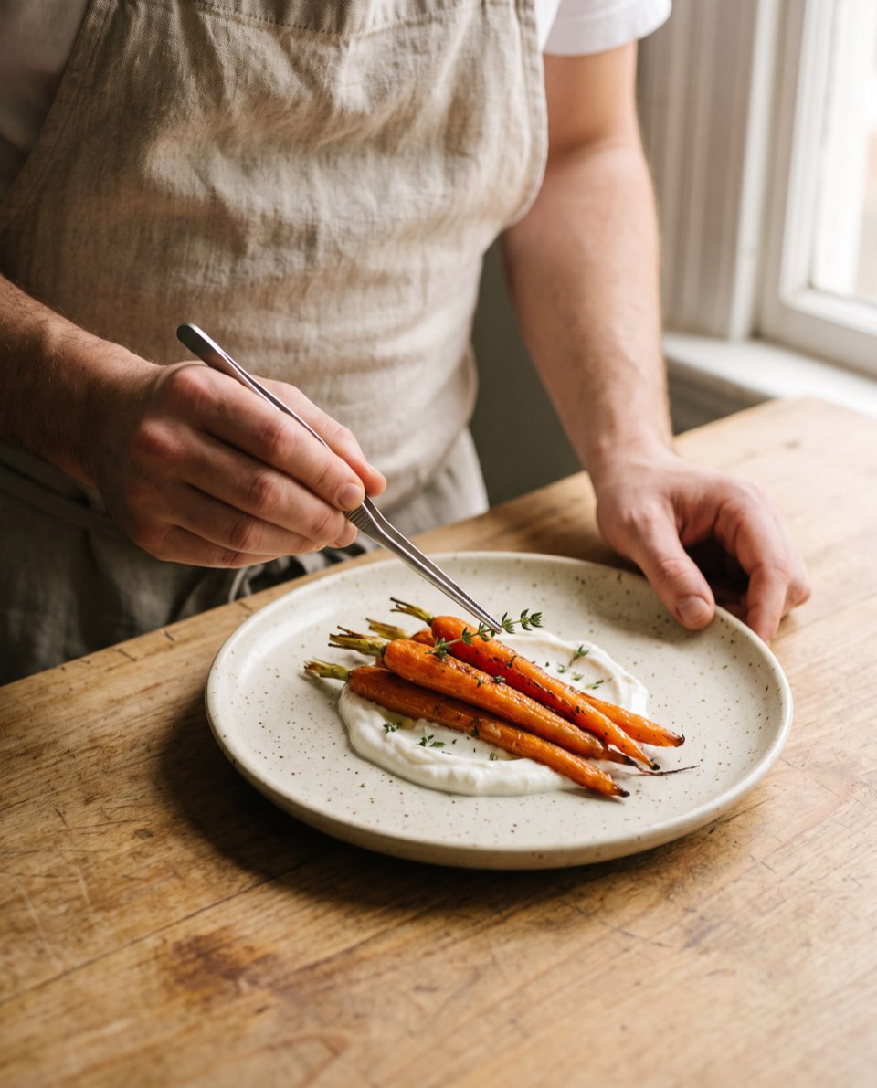 A cook placing herbs on roasted carrots and whipped yogurt at the kitchen pass.