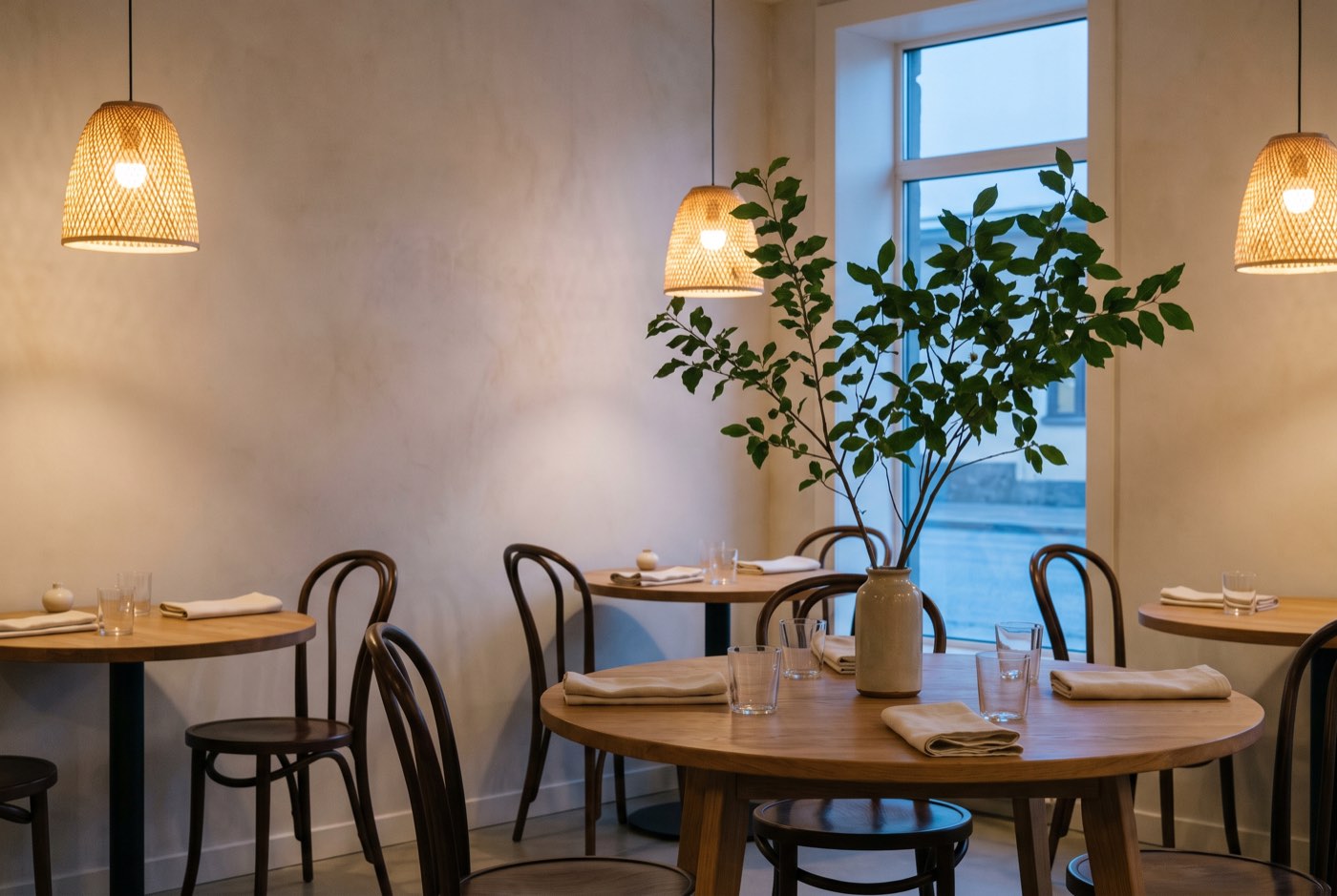 The dining room at dusk: round oak tables, bentwood chairs, and warm pendant lights.