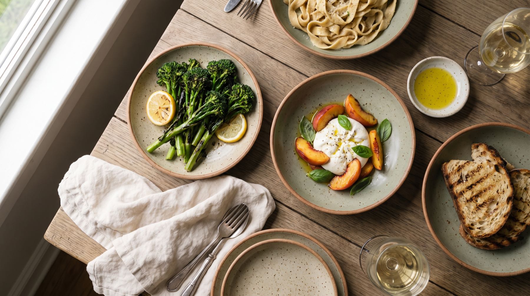 A table set with shared plates of burrata with peaches, charred broccolini, fresh pasta, and grilled bread.