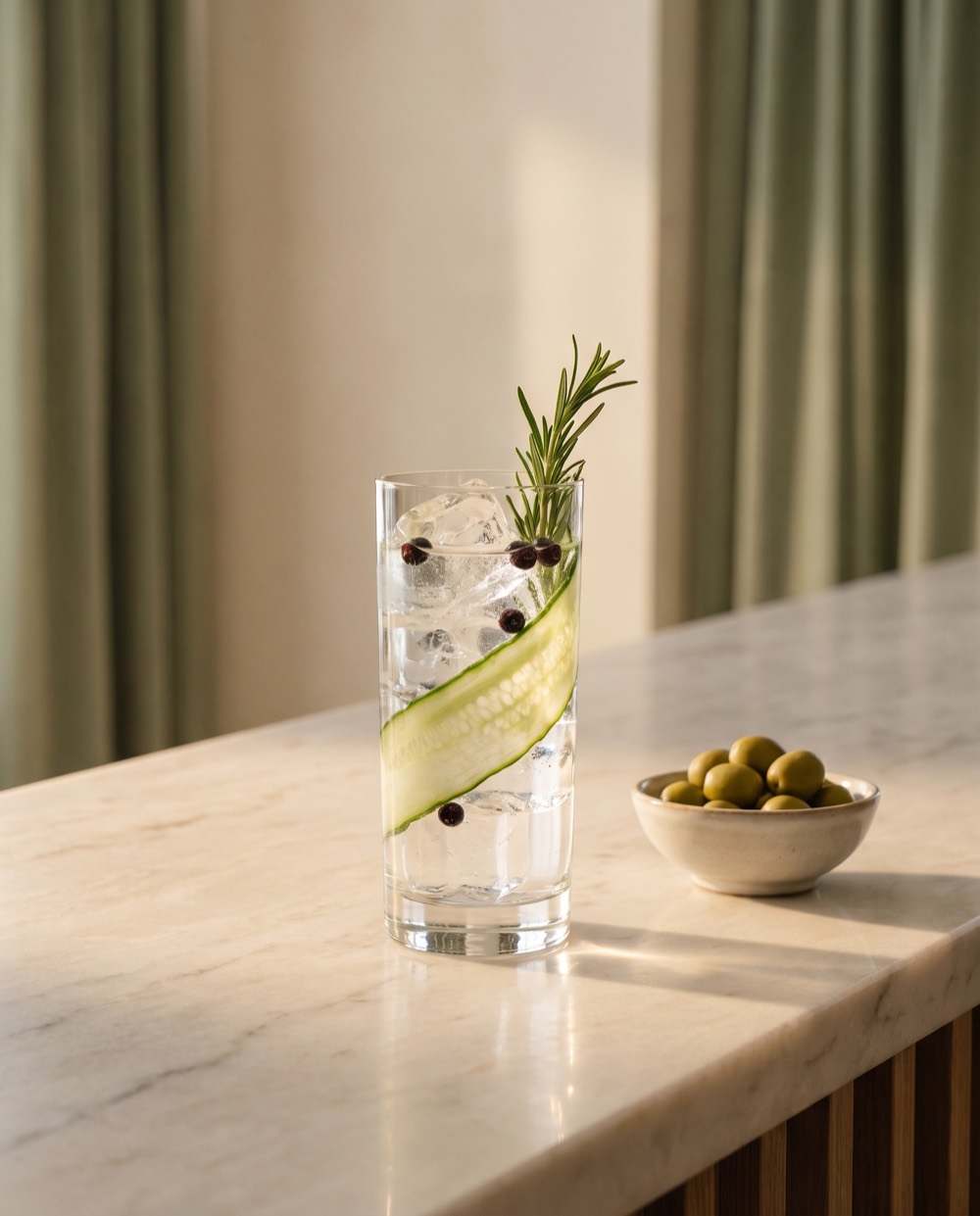A gin and tonic with cucumber, rosemary, and juniper berries on the marble bar.