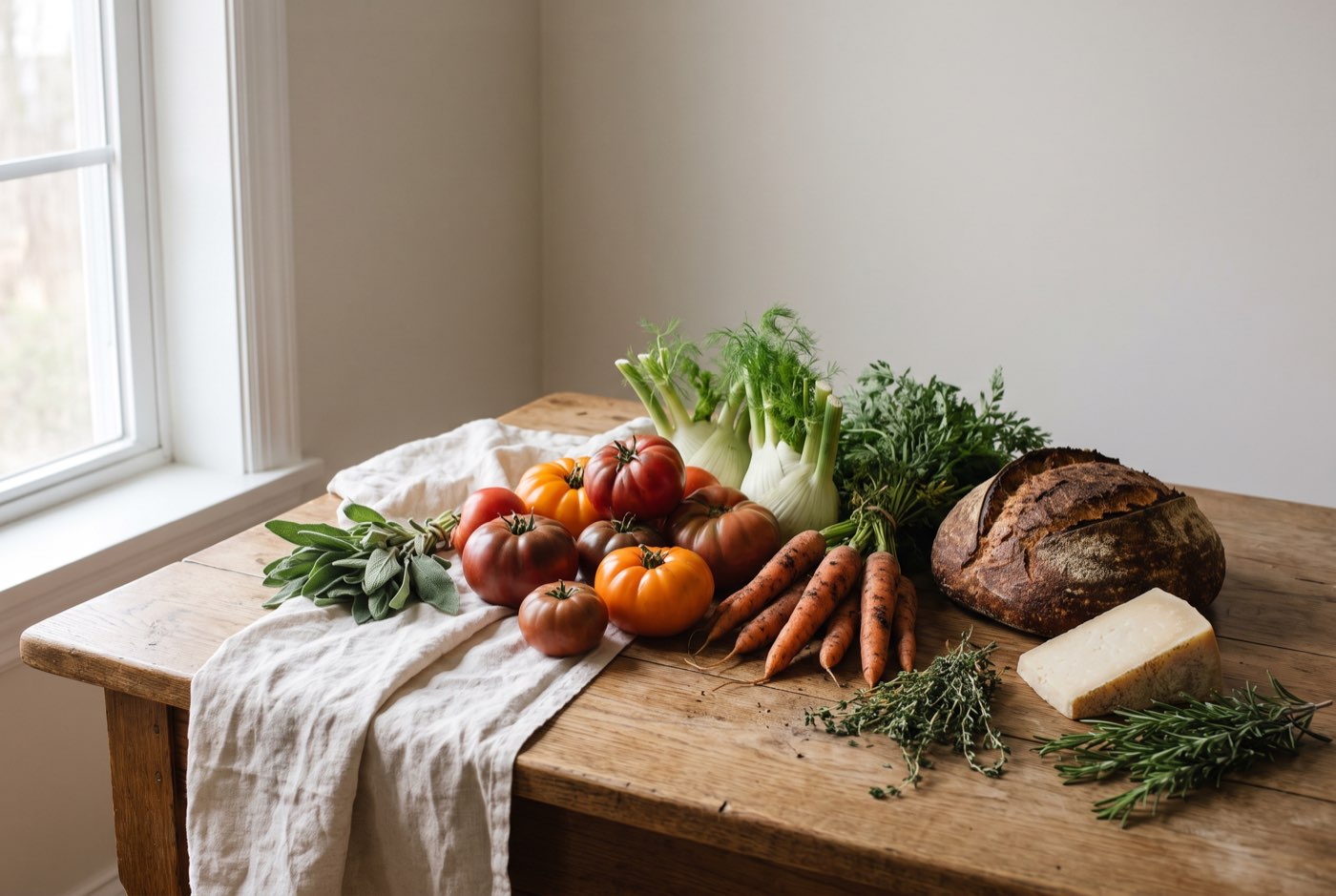 Heirloom tomatoes, carrots, fennel, herbs, and sourdough from the morning delivery.