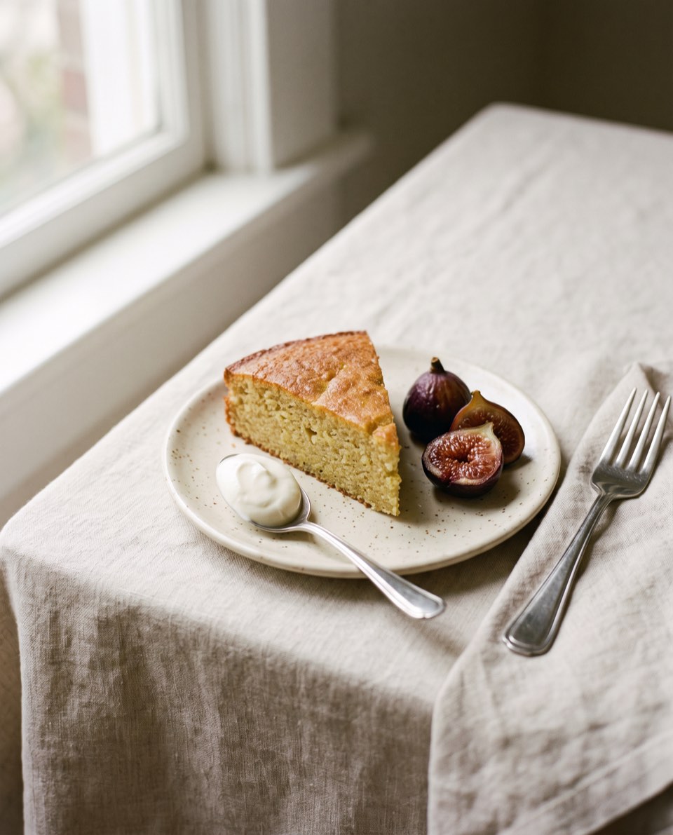 A slice of olive oil cake with crème fraîche and roasted figs.
