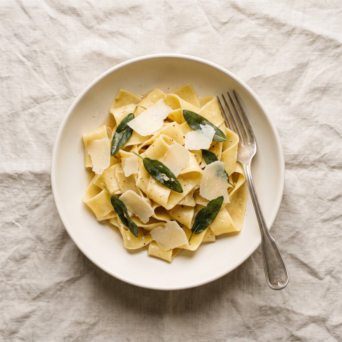 Hand-cut pappardelle with brown butter, crispy sage, and shaved parmesan.