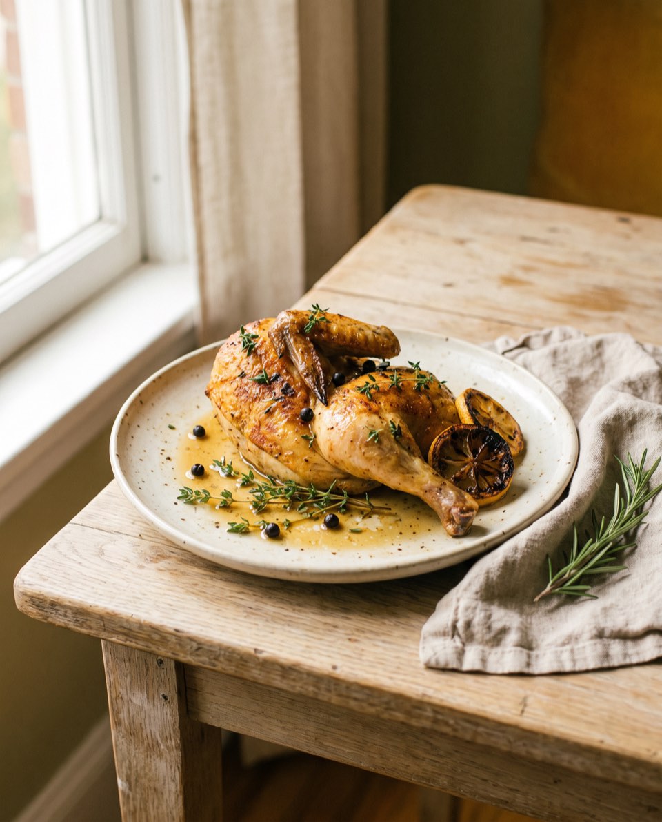 Roast half chicken with thyme, juniper berries, and charred lemon.