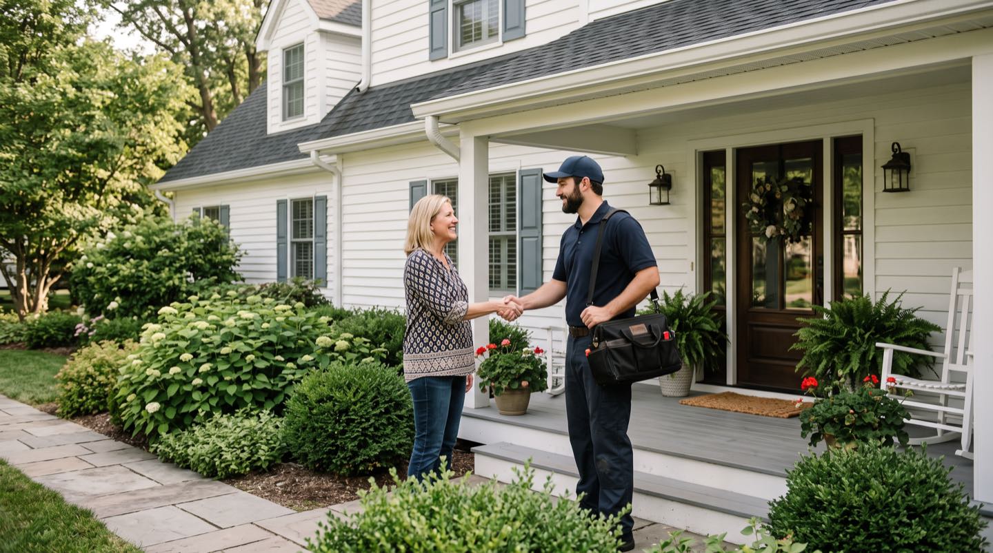 A technician shaking hands with a homeowner at their front door