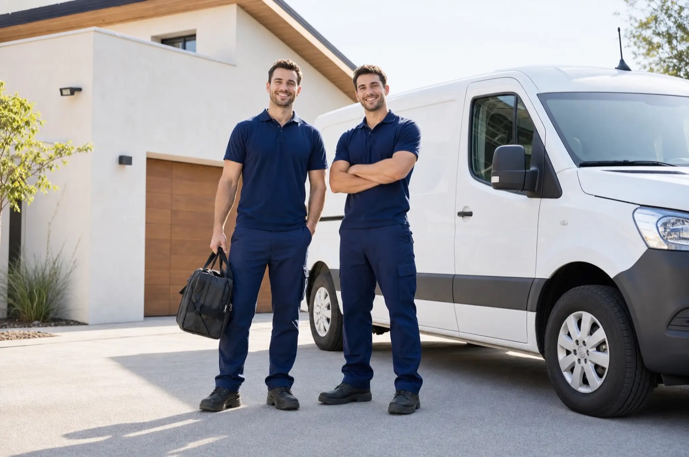 Two Lantern technicians standing beside their van in a driveway on a bright morning