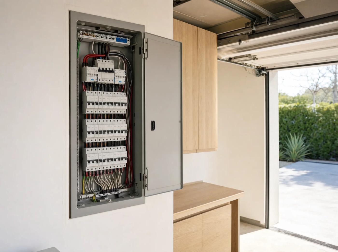 An open electrical panel with tidy labelled breakers