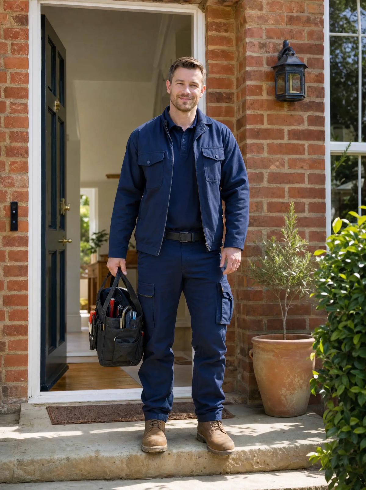 A Lantern technician on the front steps of a brick house on a bright morning