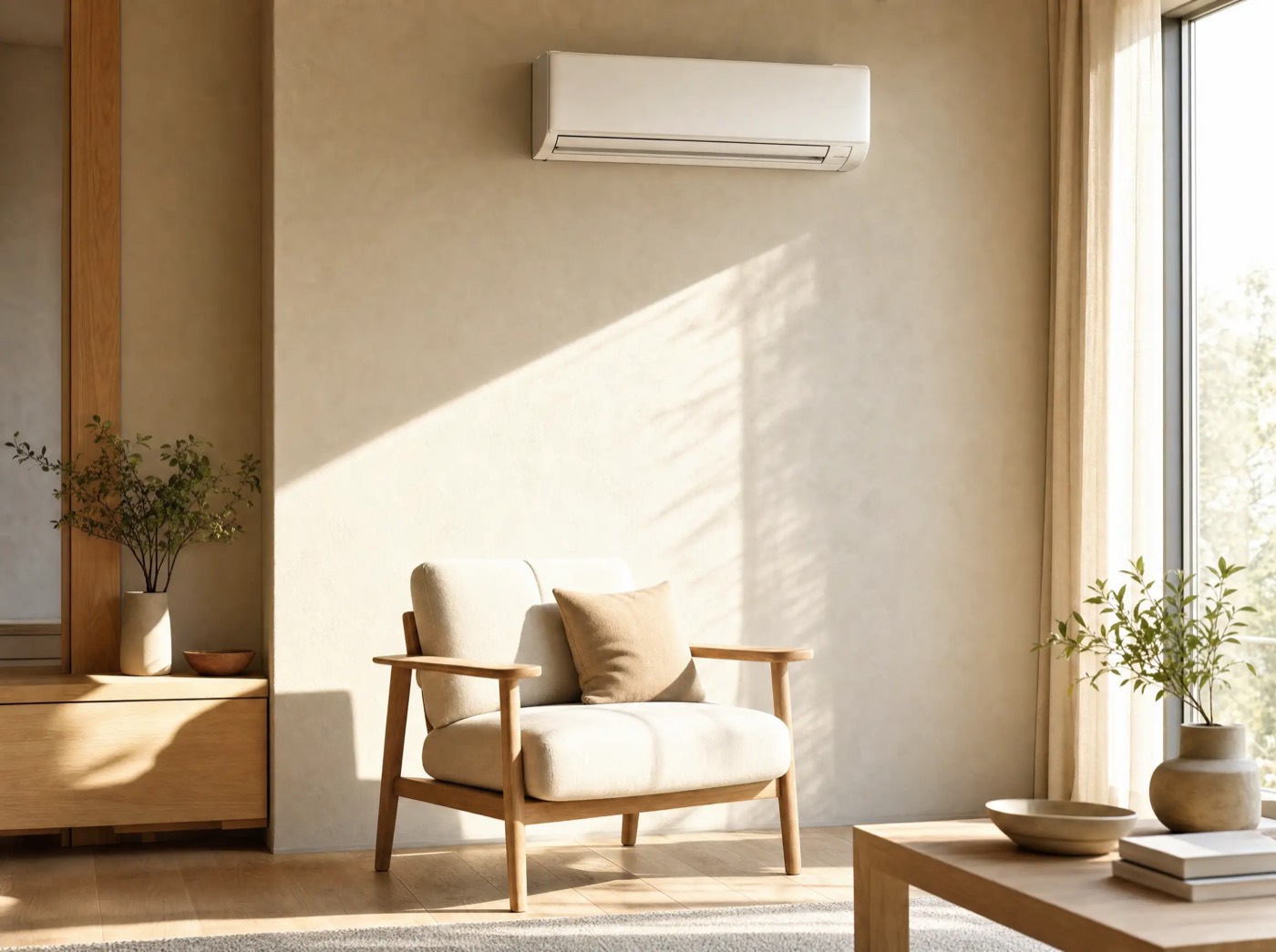 A wall-mounted ductless head above an armchair in a sunlit living room