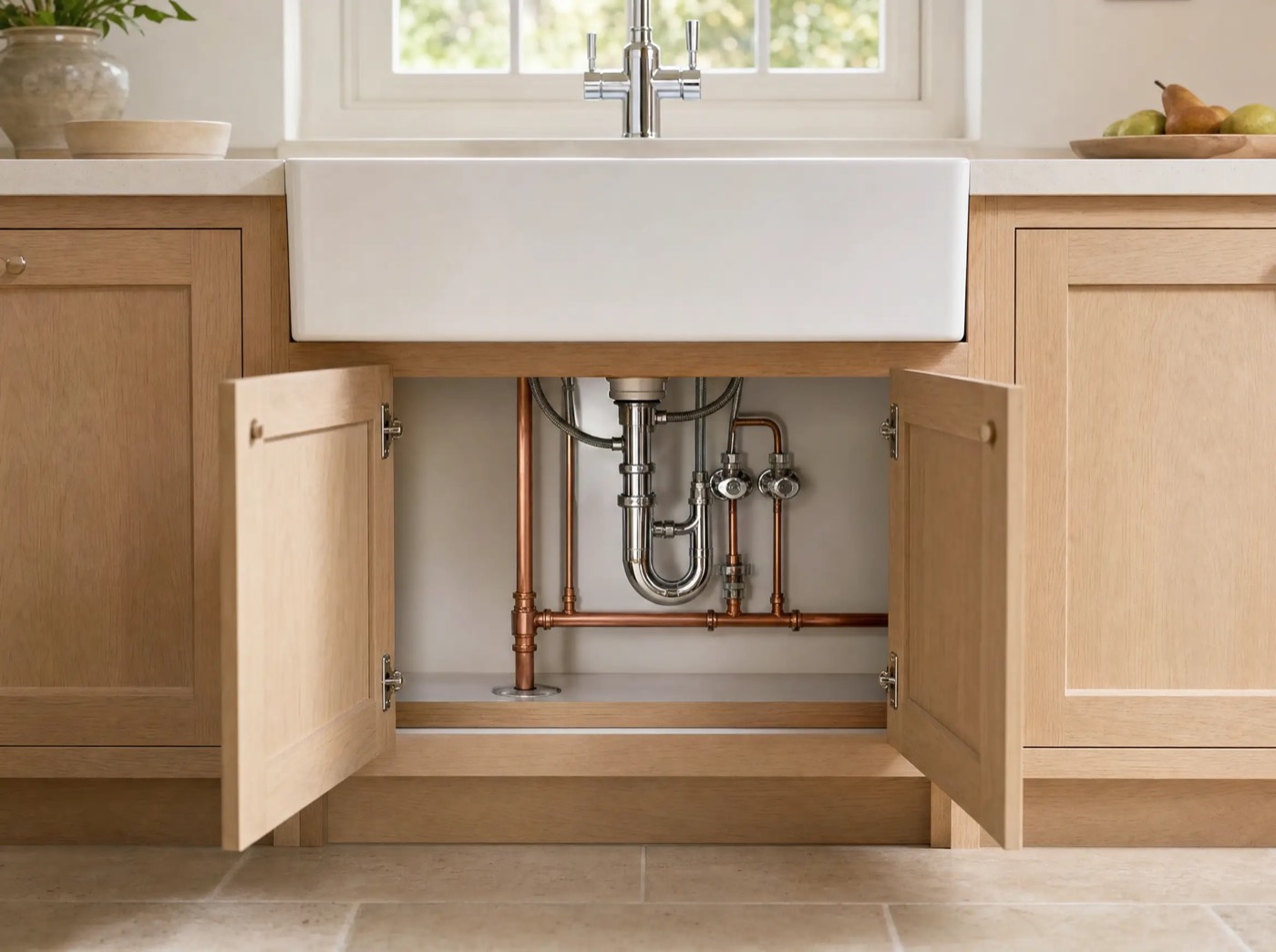 New copper and chrome pipework under a bright kitchen sink