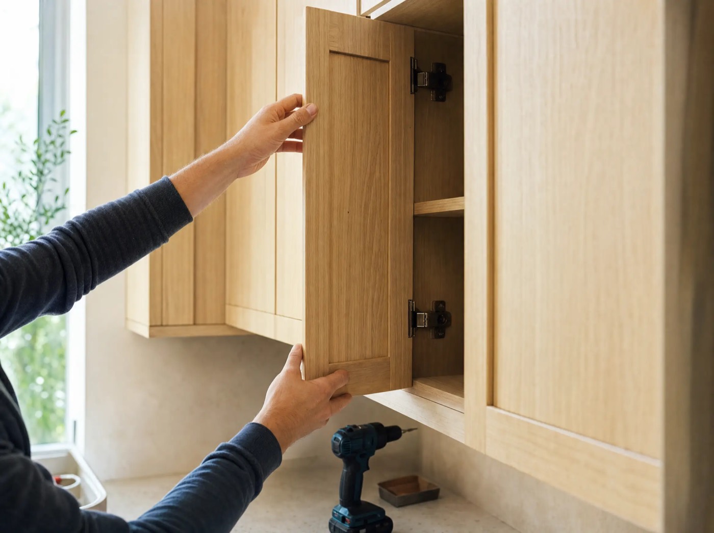 A carpenter fitting a new pale oak cabinet door