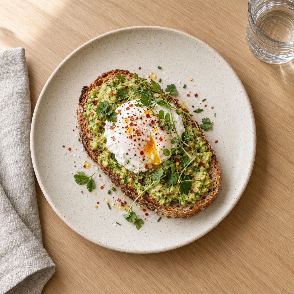 Avocado toast with a poached egg on sourdough