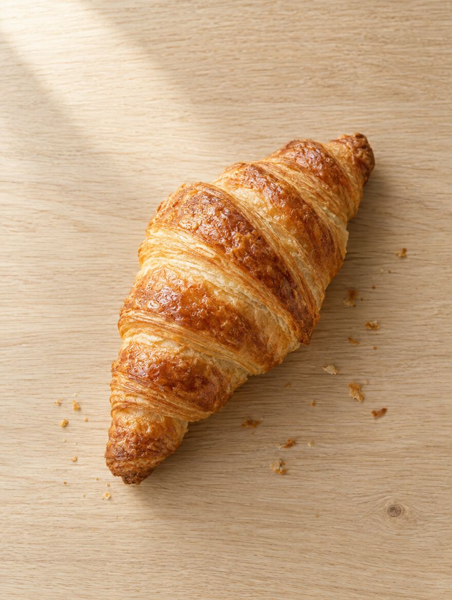 A golden butter croissant on a wooden table