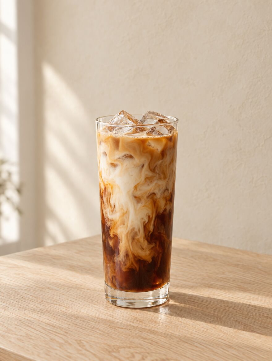 An iced latte with milk swirling through cold espresso