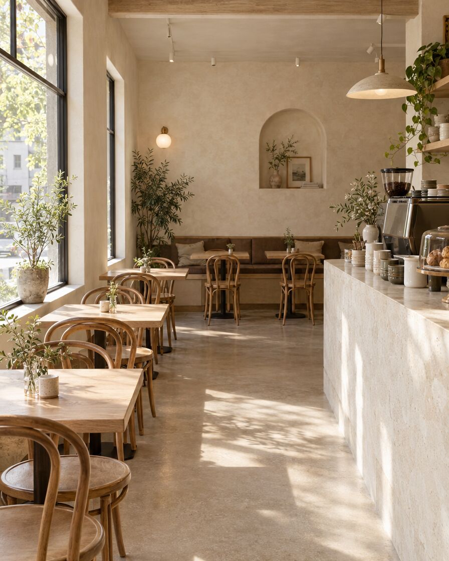 The café in the morning — oak tables, bentwood chairs, and sunlight across the floor