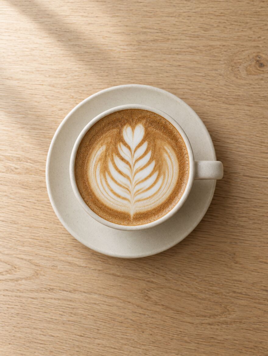 A flat white with rosetta latte art, seen from above