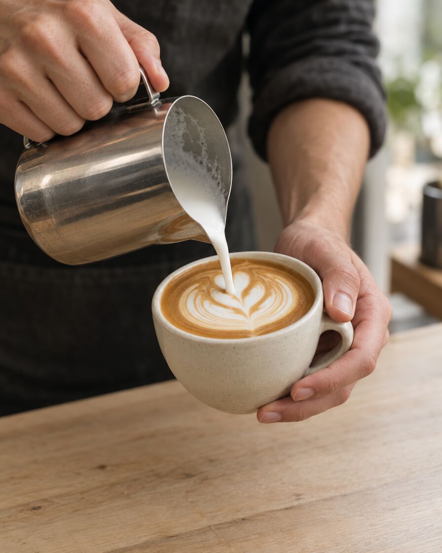 A barista pouring steamed milk into a latte