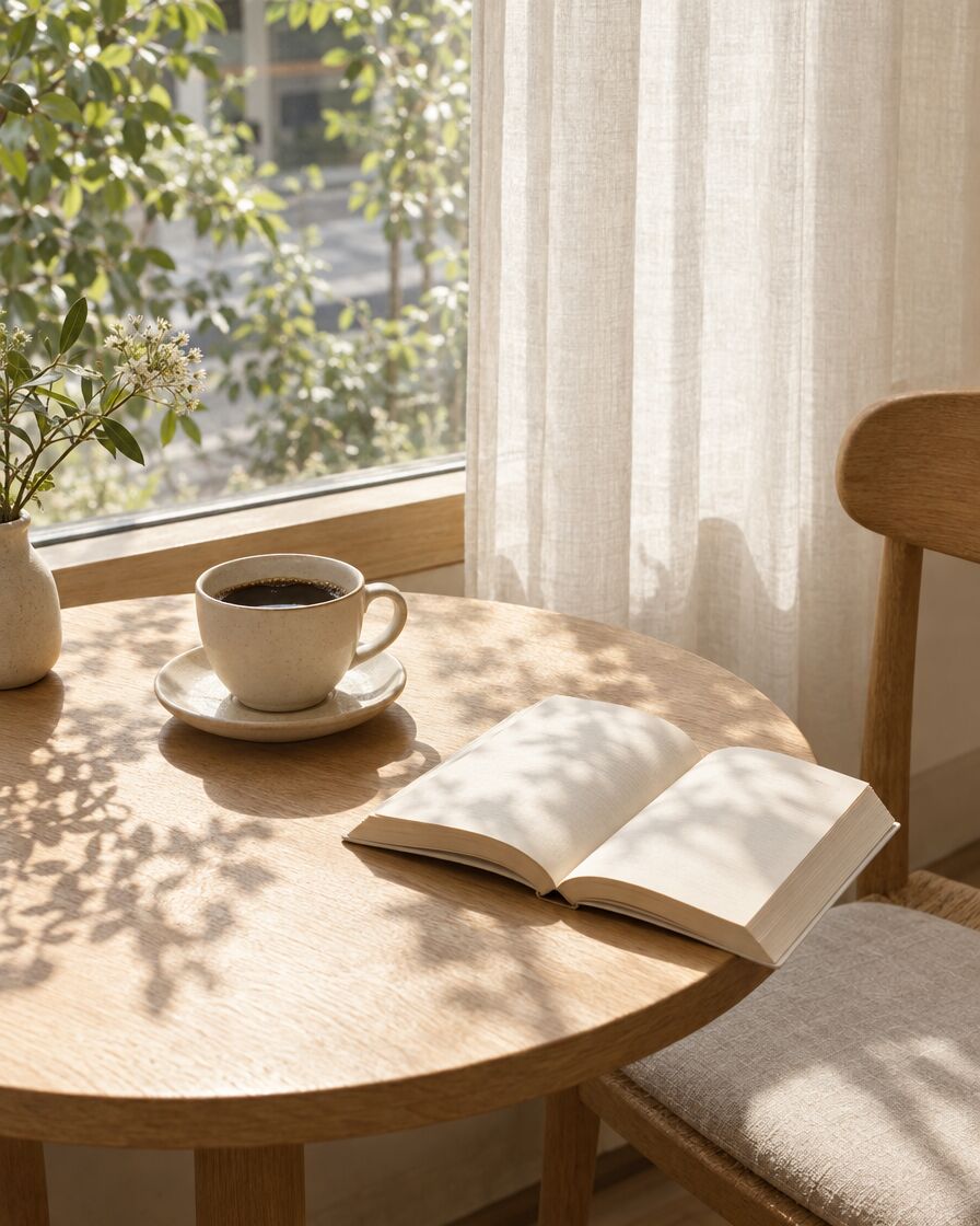 A cup of filter coffee and a book at a sunny window table