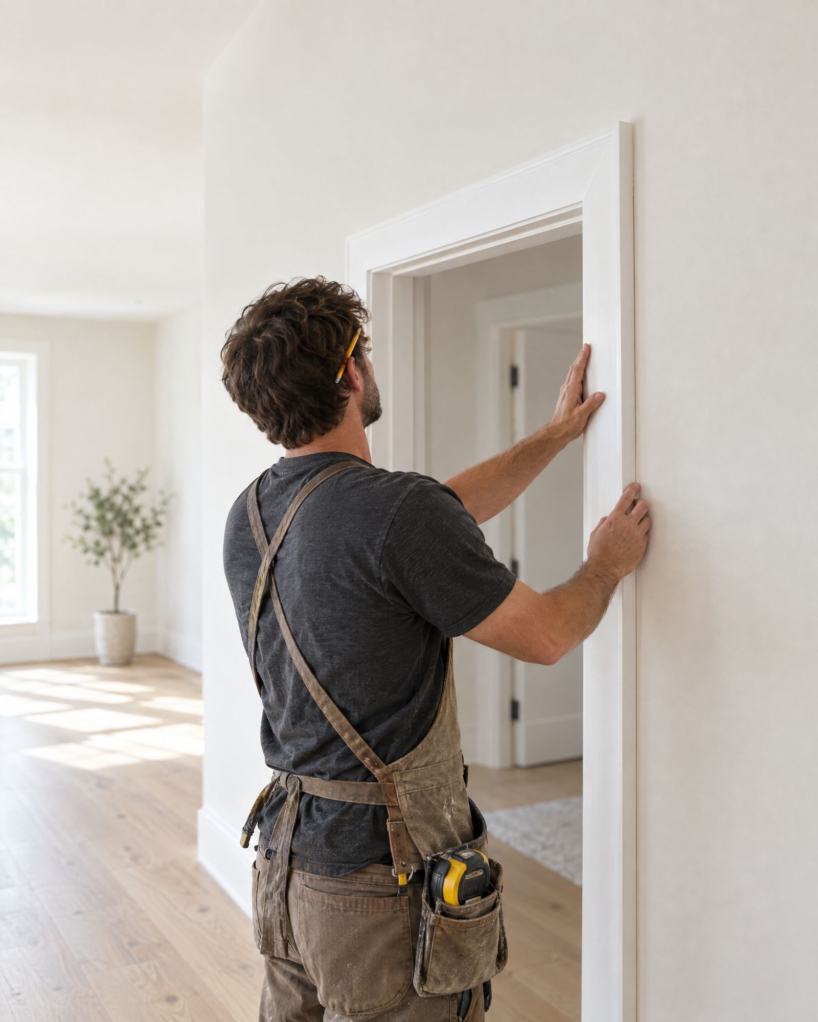 A carpenter in a canvas apron fitting new white casing around a doorway in a bright, airy home.