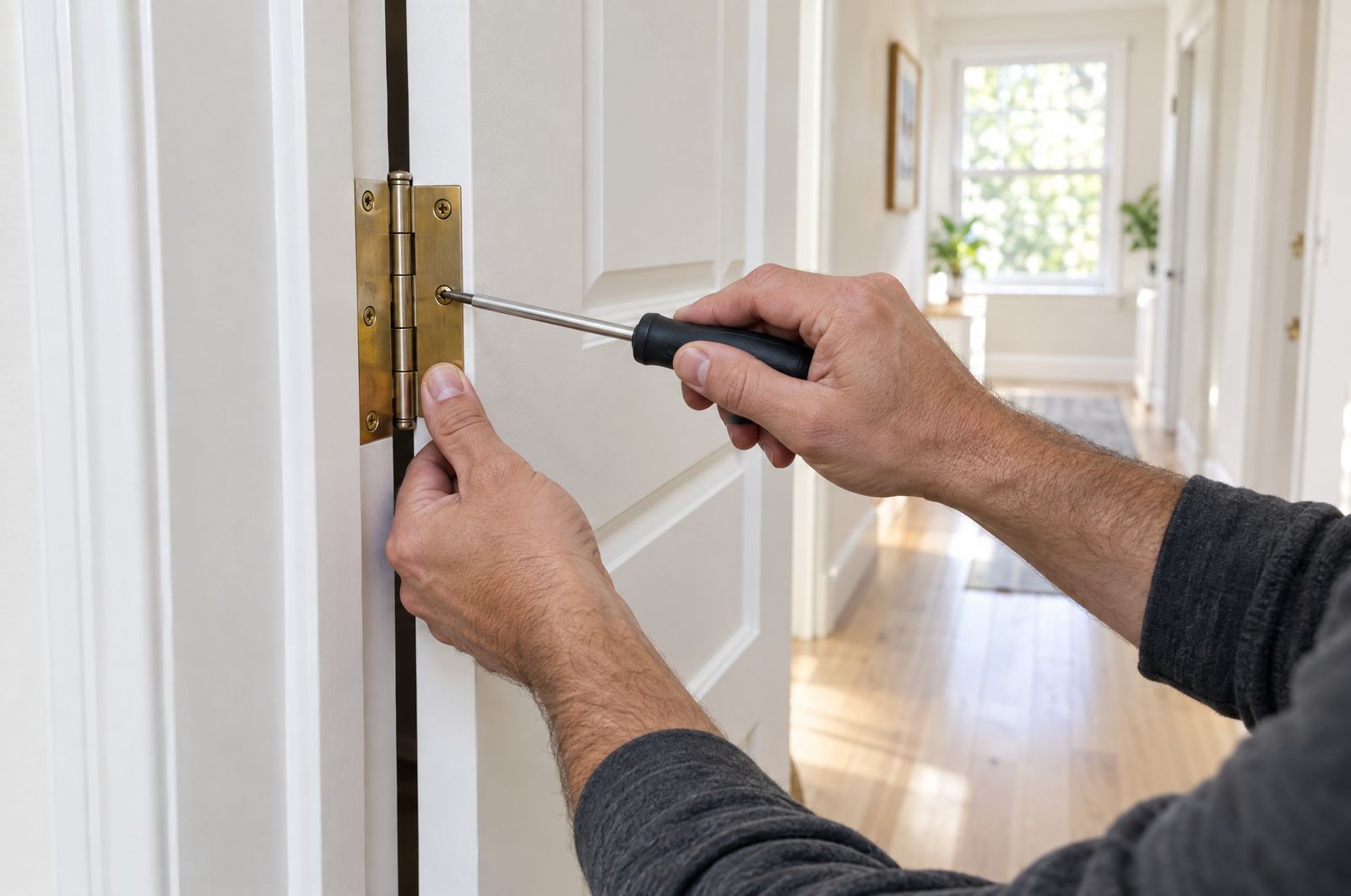 A handyman's hands tightening the brass hinge of a white paneled door in a bright hallway.