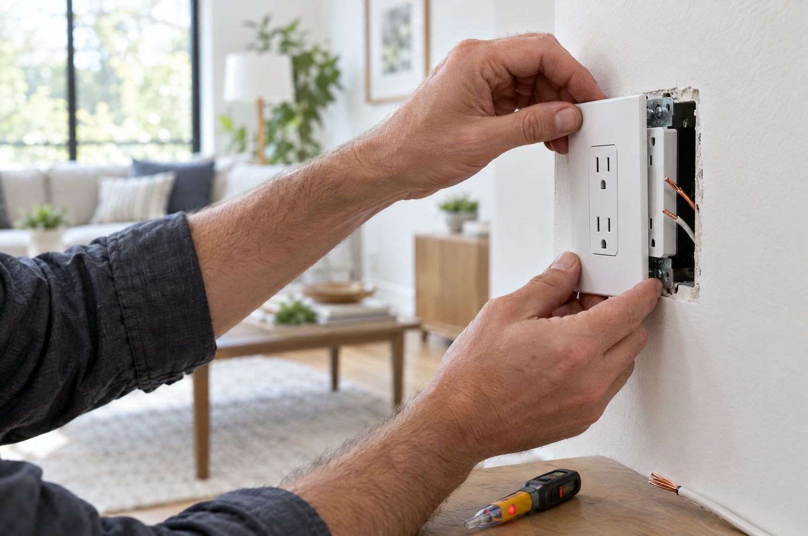 An electrician's hands fitting a white outlet cover on a warm white wall, a voltage tester beside them.