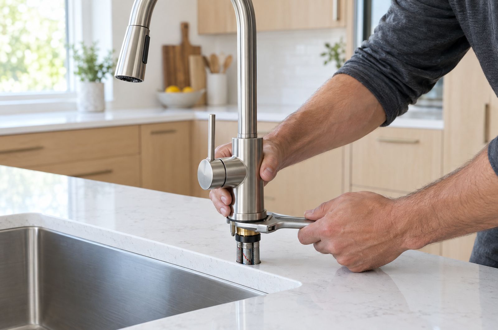 Hands tightening a new brushed-steel faucet on a white quartz counter in a bright kitchen.