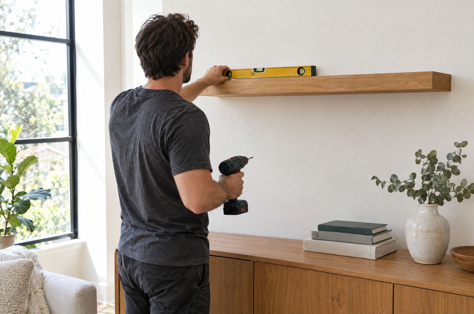 A handyman checking an oak floating shelf with a spirit level on a white living room wall.