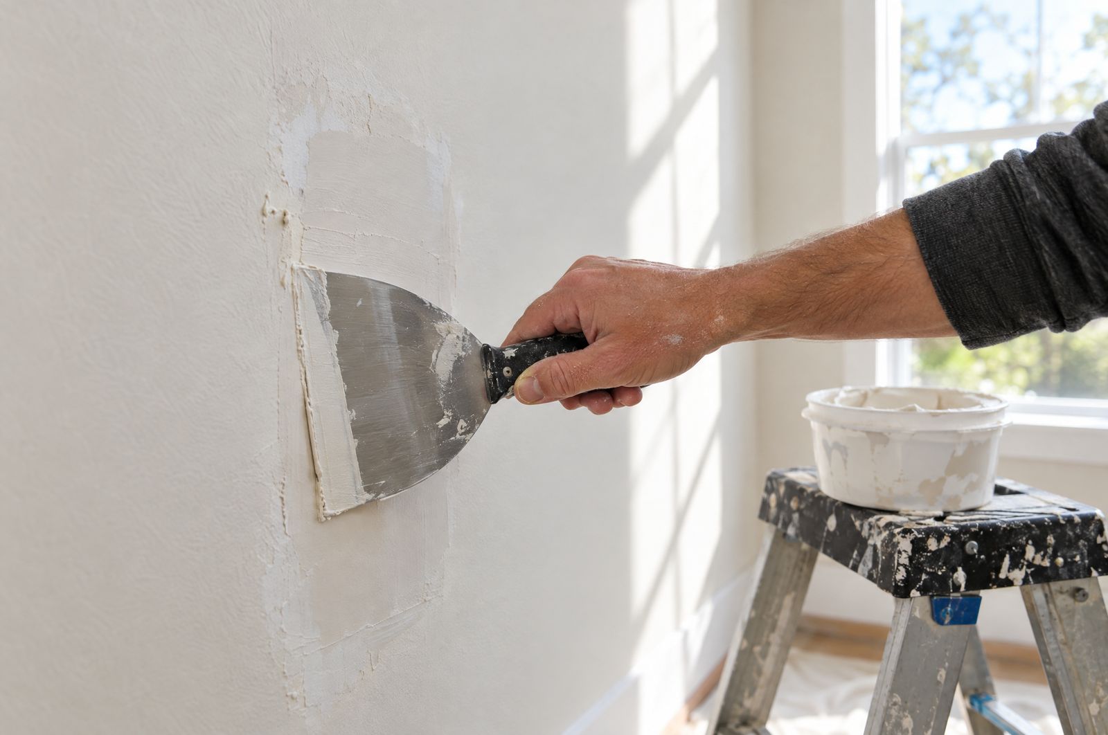 A hand smoothing joint compound over a drywall patch with a wide putty knife in a sunlit room.