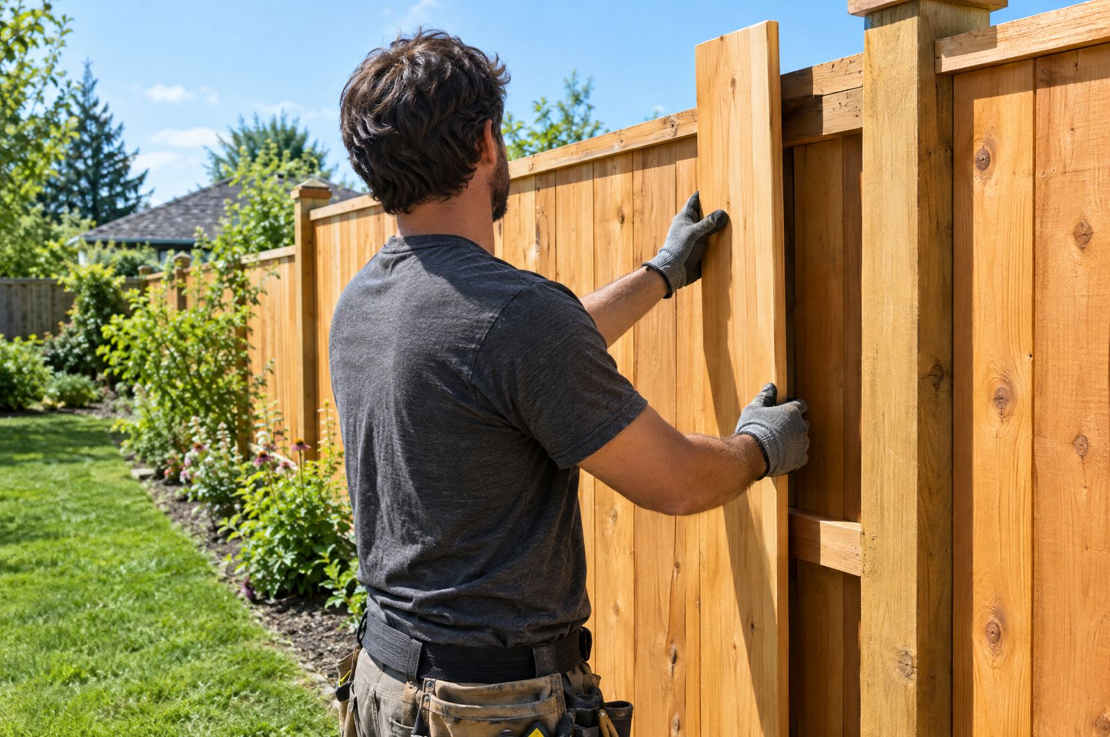 A handyman in work gloves fitting a new cedar board into a backyard fence on a sunny morning.