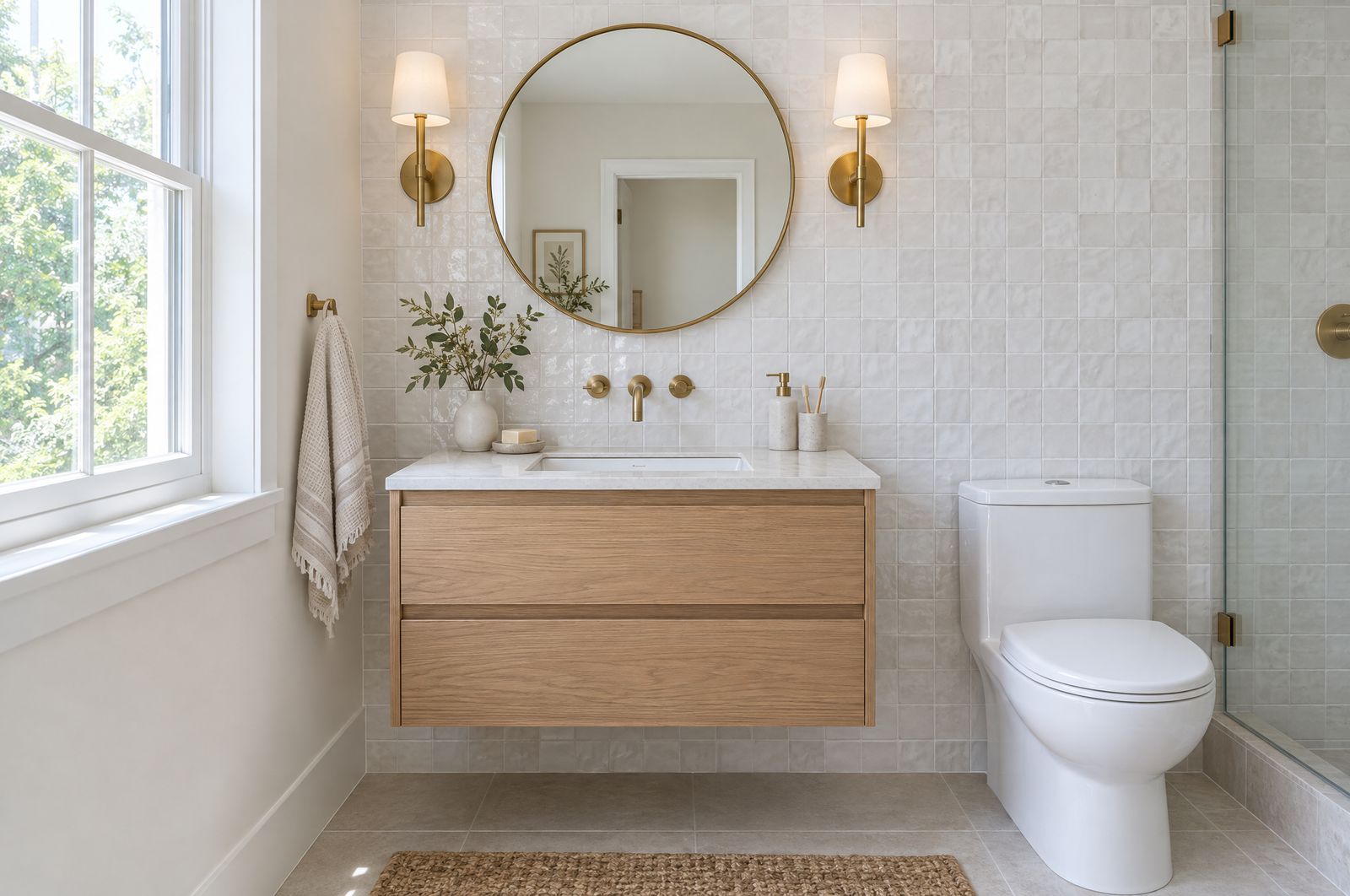 A small bathroom with a new white oak vanity, a round mirror and a brass sconce on each side.