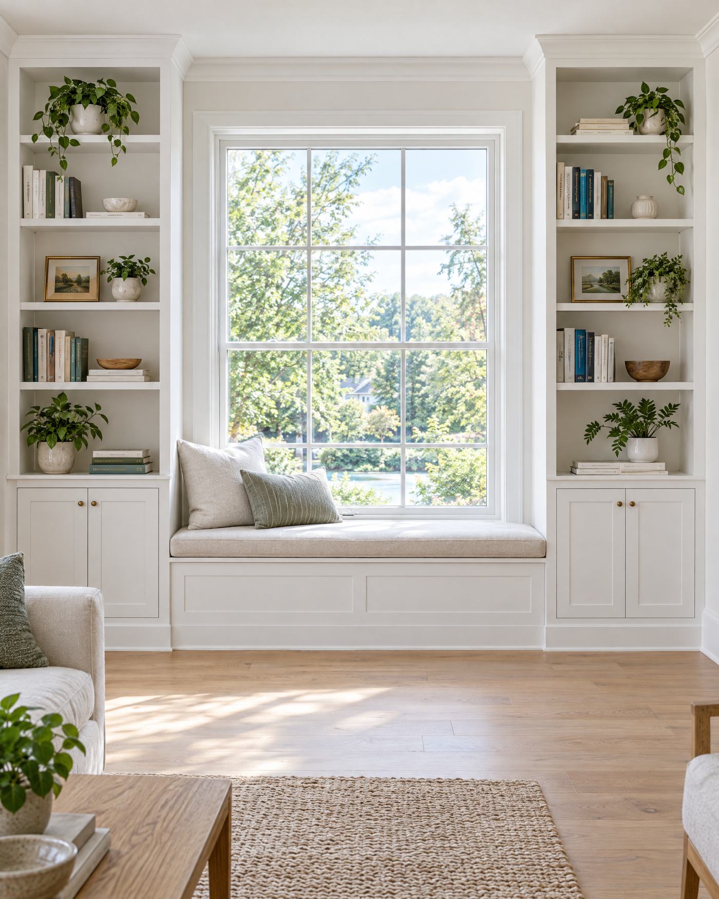 White painted built-in bookshelves framing a large window with a cushioned window seat in a bright living room.