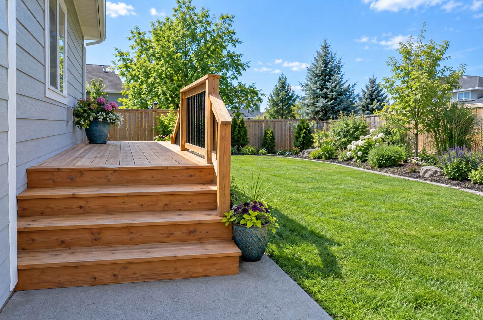 Freshly built cedar deck steps leading down to a green lawn on a sunny day.