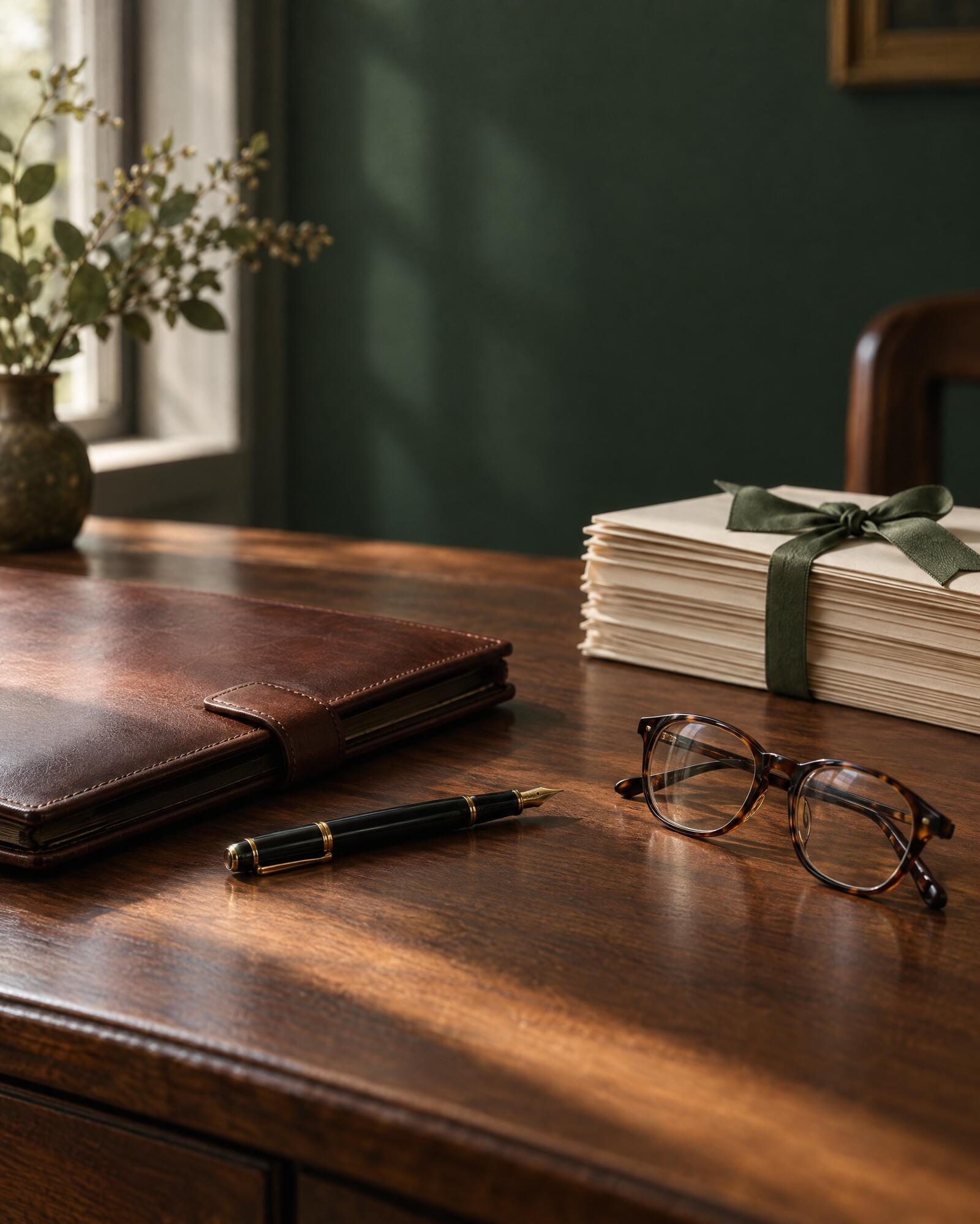 A leather portfolio, fountain pen and reading glasses on a walnut desk in morning light.
